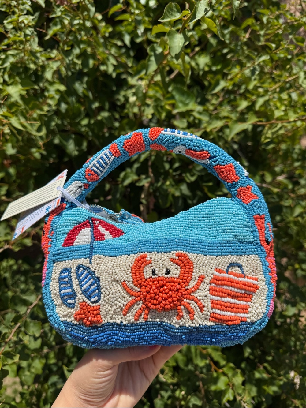 NWT Made in India Crab Seagull Beach Theme Vacation Summer Top Handle Beaded Bag